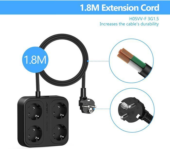 Regleta protectora contra sobretensiones USB de 4 tomas con 3 puertos USB-A + 1 puerto USB-C y cargador (5V 3.4A)
