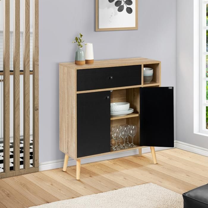 IDMARKET EMMIE Scandinavian wood and black storage unit with cupboard and drawer