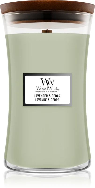 Woodwick lavandas un ciedra aromātiskā svece ar koka degli