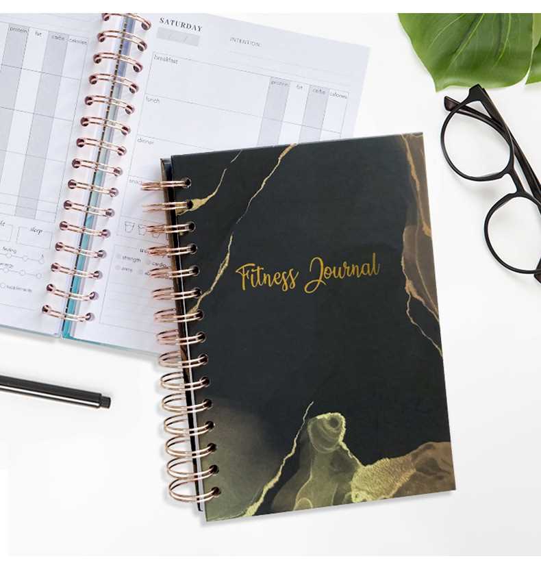 Agenda e diari per il benessere di alta qualità con spirale, personalizzati per fitness e cura di sé, con stampa a sublimazione.