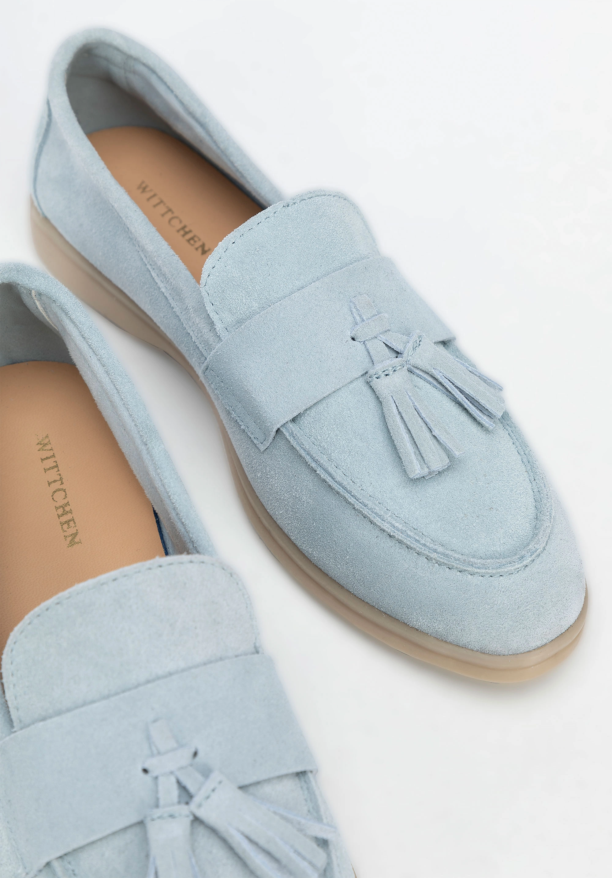 Damskie mokasyny zamszowe z chwostem niebieskie