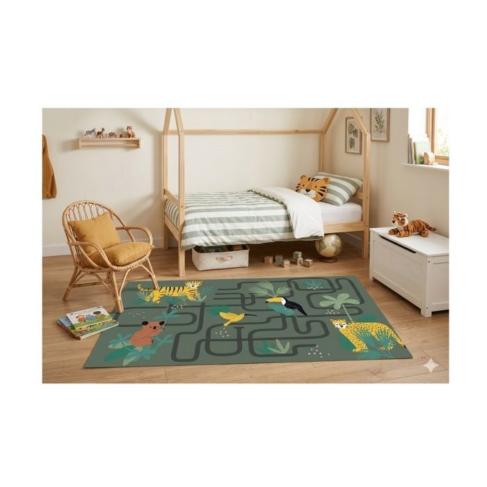 Children's Rug - EDEN - Jungle Animals Circuit - 60 x 120 cm - Polycotton - Green Jungle Pattern