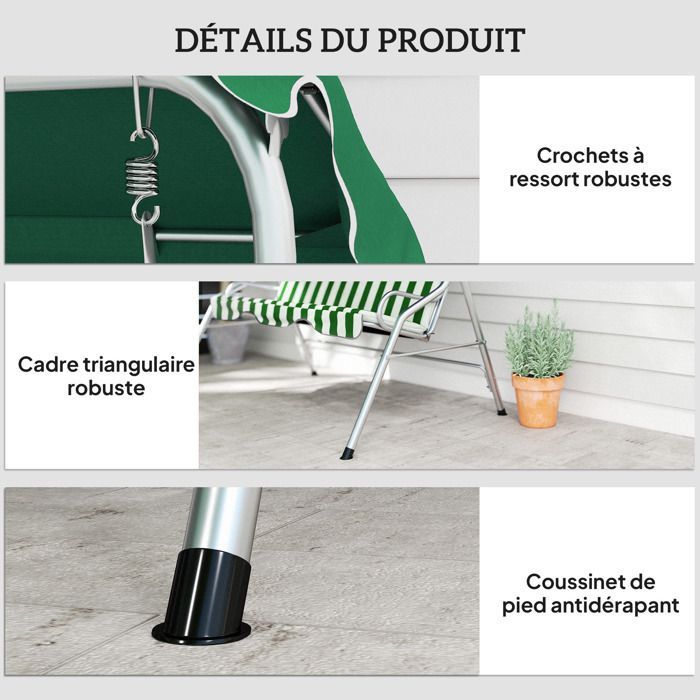 Columpio de jardín Outsunny - 3 plazas - toldo con inclinación ajustable - estampado de rayas - con cojines para asiento y respaldo - verde