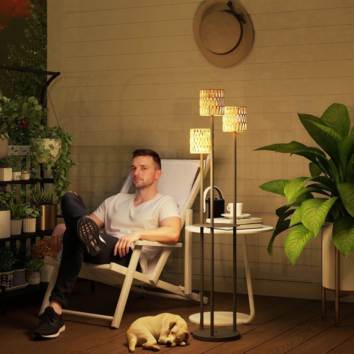 Outsunny outdoor solar floor lamp - 3 lights with sensor and shelf - bohemian style - woven resin - Ø37 x 144 cm - yellow