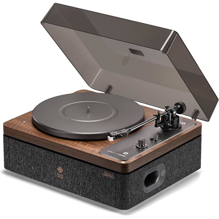 Toca-discos STACKSTONE x JAMO DS07 Bluetooth 5.2 com alto-falantes integrados, cápsula AT3600L, som Hi-Fi, 33/45 RPM, preto
