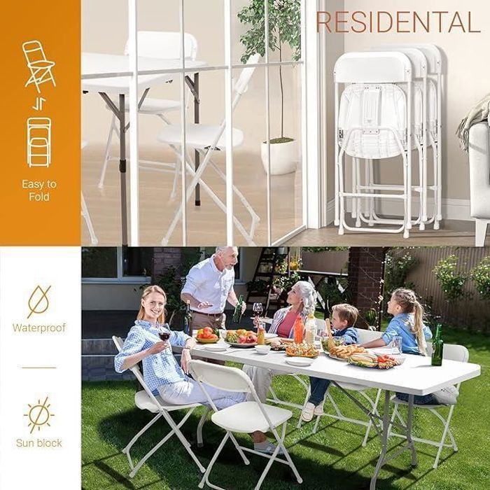 Lot de 10 chaises pliantes blanches en plastique, chaises pliantes portables pour jardin extérieur