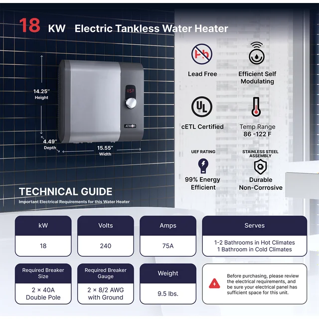 Atmor 18 kW 3,73 GPM elektrischer Durchlauferhitzer, ideal für 1-Zimmer-Wohnungen, bis zu 3 gleichzeitige Anwendungen
