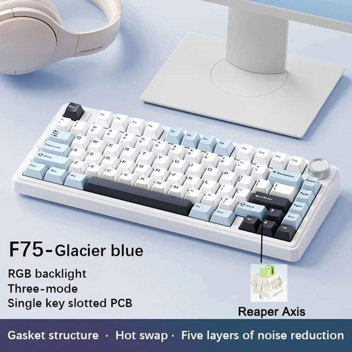 Tastiera meccanica da gioco wireless Aula F75 75% - 3 modalità, struttura con guarnizione, switch intercambiabili, tasti RGBW - Blu ghiaccio