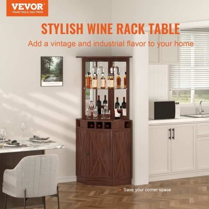 VEVOR Industrial Corner Cabinet with Door - Large Freestanding Wine Rack with Glass Holder - Living Room, Cafe, Brown