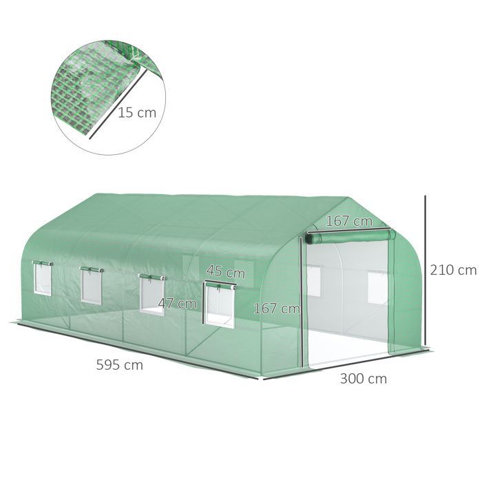 Serre de jardin tunnel - Outsunny - porte 8 fenêtres enroulables galvanisé bâche PE haute densité 140 g/㎡ - 600x300x200cm - vert