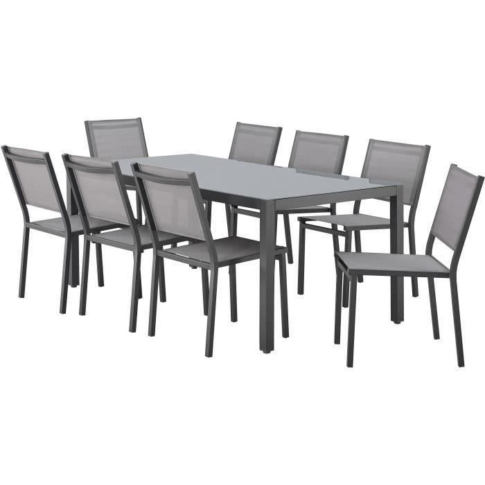 Conjunto de comedor de jardín: mesa de 180 cm + 8 sillas - Estructura de aluminio - Tablero de cristal templado - Gris