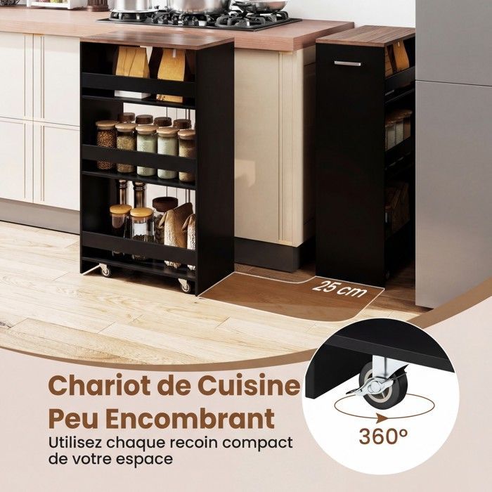 GIANTEX Narrow Kitchen Trolley with Wheels and Brakes - 47.5x25x80.5cm - 4-Tier Serving Cart with Handle - Black + Brown