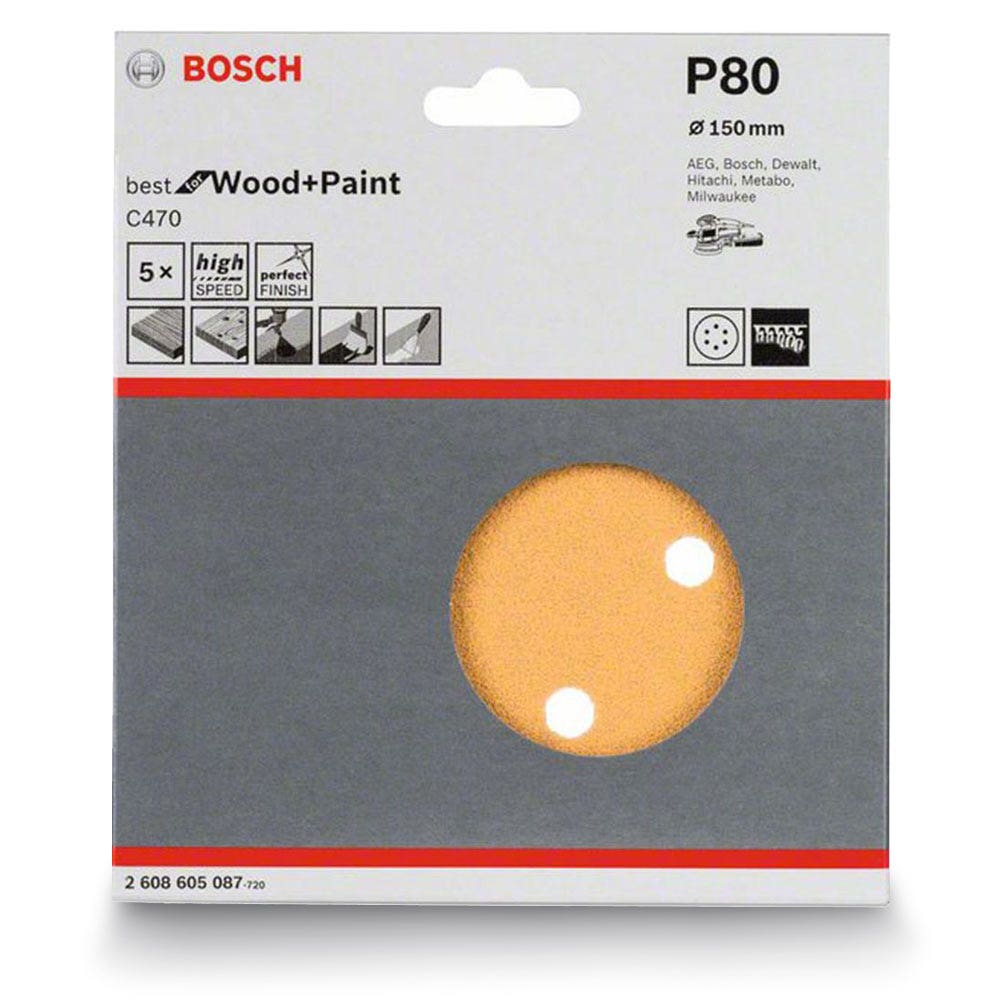 BOSCH Schleifscheibe 150 mm, Körnung 80, 6 Löcher, Klettverschluss, für Holz und Lack – C470 – 5 Stück