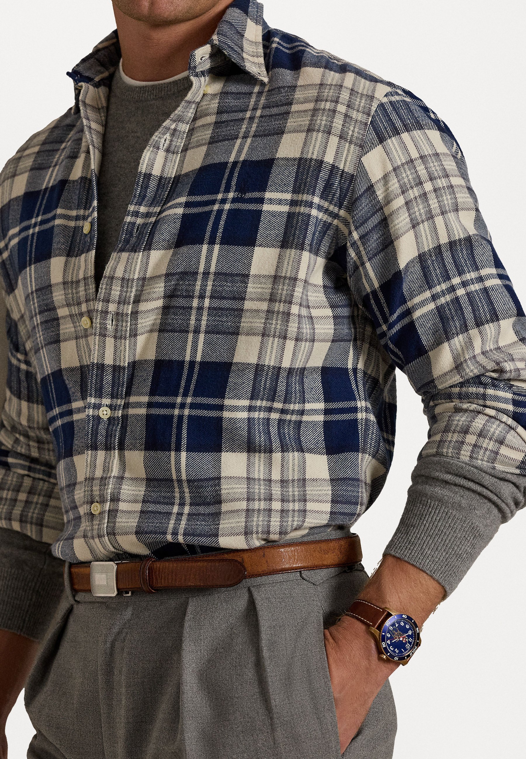 Polo Ralph Lauren CUSTOM FIT GERUITE GEBORSTELDE FLANEL OVERHEMD - Overhemd - gebroken wit/marineblauw