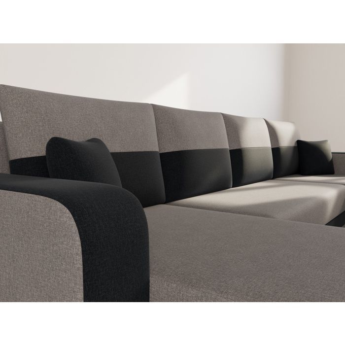 Harvey - Sofá cama panorámico en forma de U de 7 plazas con espacio de almacenamiento en tela bicolor - Negro / Gris