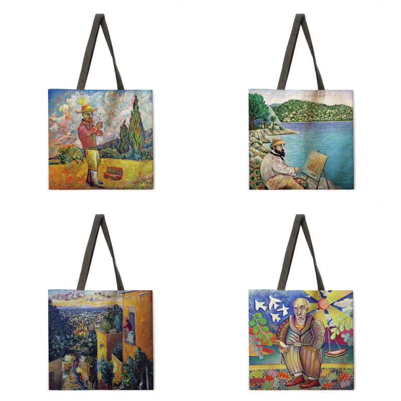 Sac cabas en coton réutilisable, motif paysage à l'huile, idéal pour la plage ou le quotidien. Sac à main pliable à bandoulière pour femme.