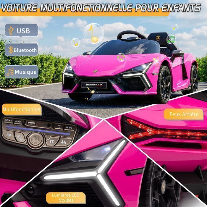 Coche eléctrico Lamborghini Revuelto - LALAHO - 3 velocidades, con control remoto 2.4G, para niños de 3 a 6 años, rosa.