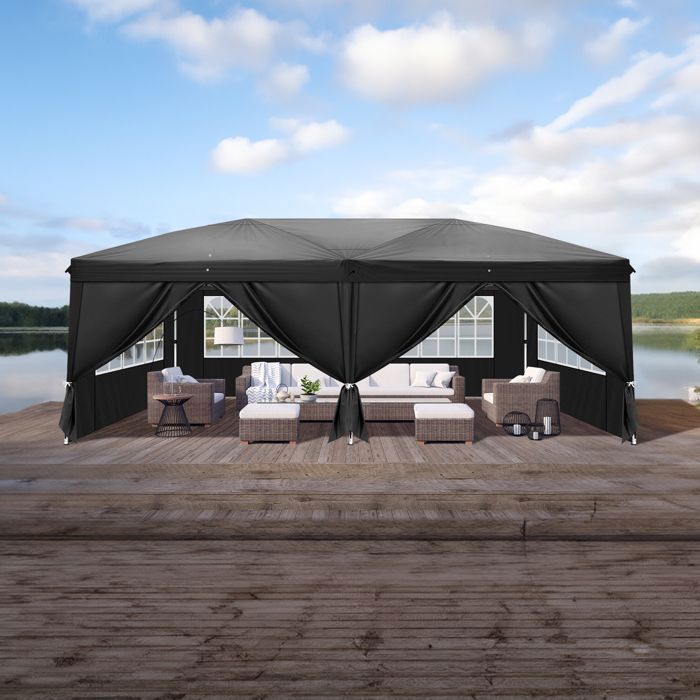 Cenador de jardín, cenador plegable de 3x6 m con 6 paneles laterales, carpa plegable para fiestas, color negro.