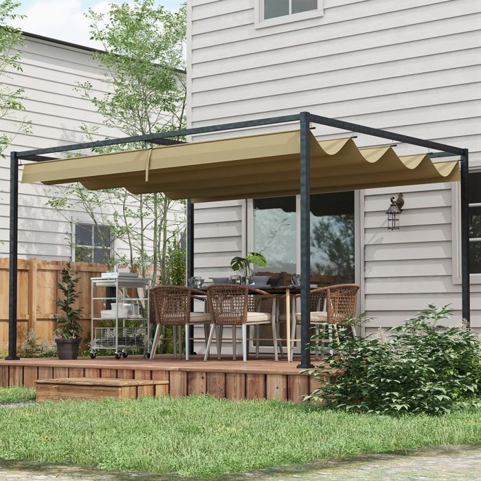 Pérgola deslizante - Outsunny - 3 x 2 m - estrutura metálica com revestimento epóxi anticorrosivo - tecido de poliéster de alta densidade 180 g/m² - cáqui