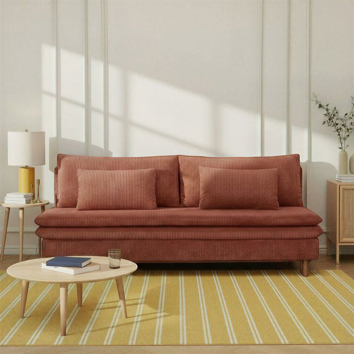 Sofá convertible de 3 plazas - MASSA - Tejido de pana color terracota - Patas de madera maciza - Ancho 195 x Alto 82 x Profundidad 86 cm