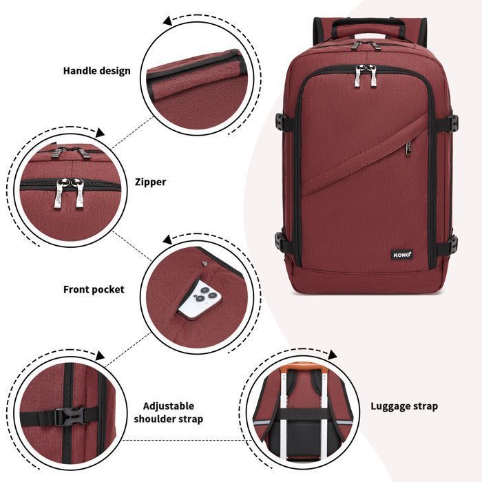 Mochila Kono 40x20x25cm, compatível com as normas da Ryanair, 20L, para bagagem de mão em aviões, para homens e mulheres, vermelha.