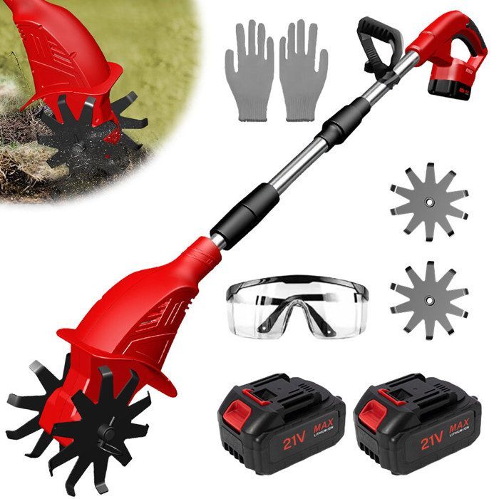 Motocultor eléctrico de 21 V, inalámbrico, con 2 baterías, 25 cm de ancho, 15 cm de profundidad, 360 RPM, ideal para huertos y jardines.
