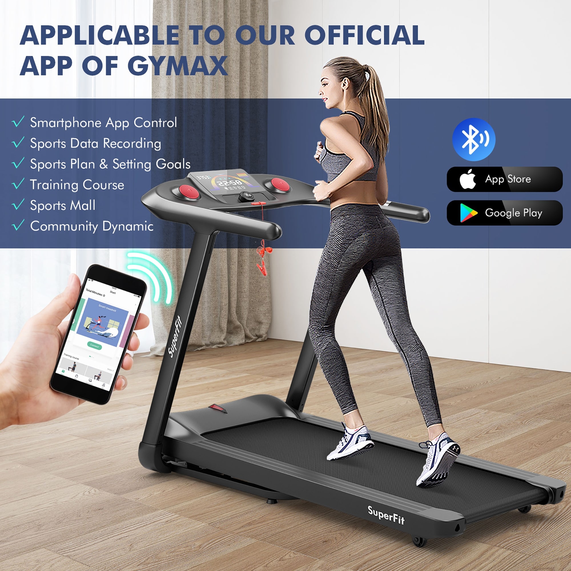 SuperFit 4,75 PS Klappbares Laufband mit voreingestellten Programmen und Touchscreen – 64'' x 30'' x 45''