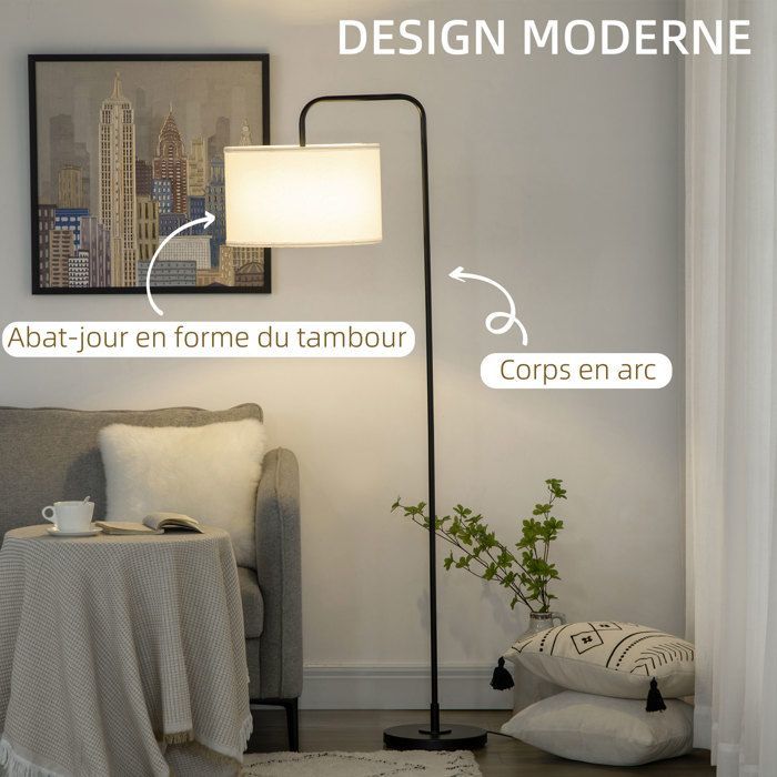 Stehlampe fürs Wohnzimmer – Wohnzimmerlampe – HOMCOM – Lampenschirm aus Leinen, Fußschalter, Leselampe – Metall – schwarz-weiß