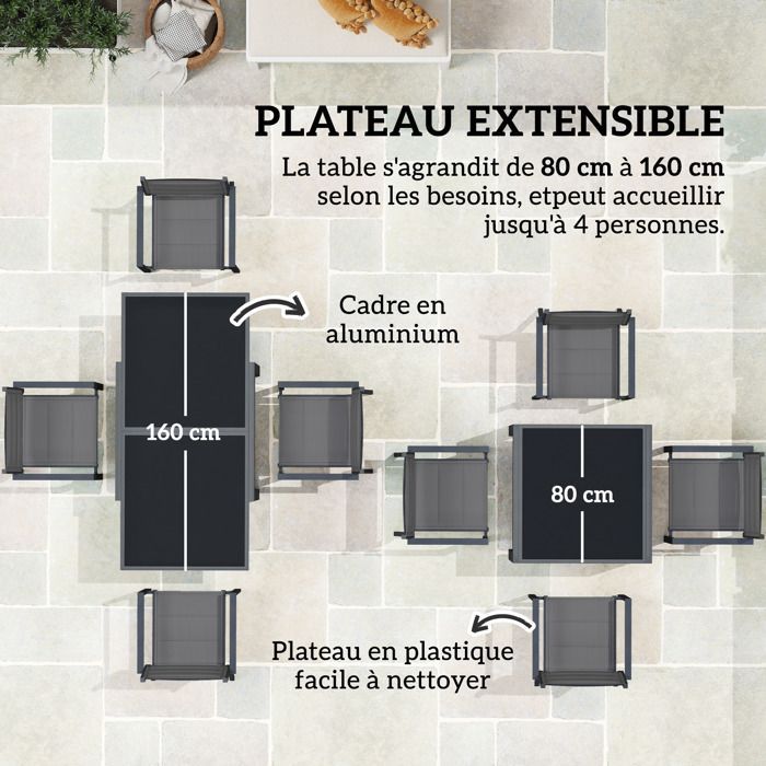 Conjunto de muebles de jardín Outsunny: mesa extensible con 4 sillas apilables, fabricado en aluminio y textilene, color gris oscuro.