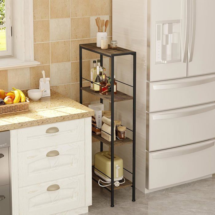 Estantería estrecha de 4 niveles WOLTU, estante de esquina para cocina, sala de estar, MDF, estructura metálica, marrón rústico + negro, 50x20x110cm
