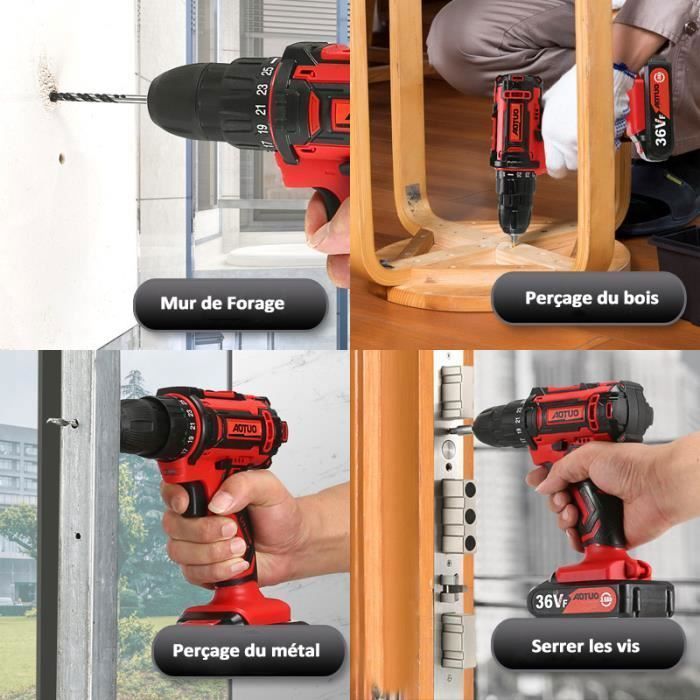 Taladro atornillador inalámbrico, destornillador inalámbrico, par máximo de 40 N·m, 2 velocidades, portabrocas metálico de 10 mm, 2 baterías.