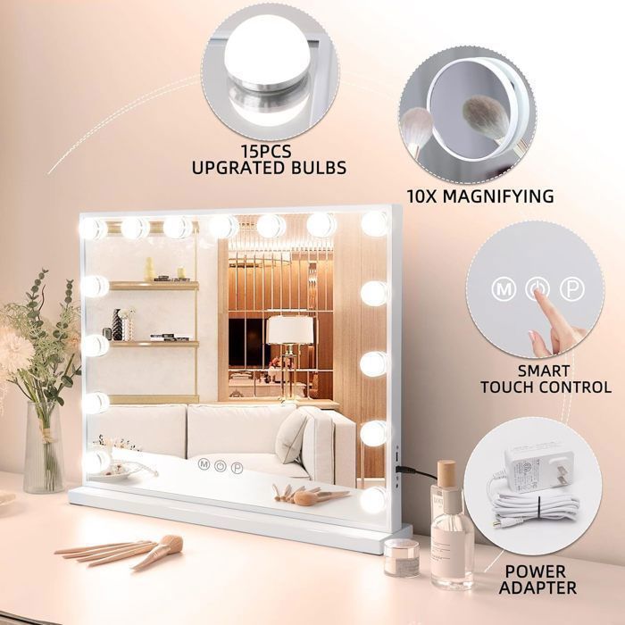 Espejo de maquillaje FENCHILIN Hollywood con 15 luces LED / Tres luces ajustables / Puerto de carga USB / Aumento de 10x / Blanco 58 x 46 cm