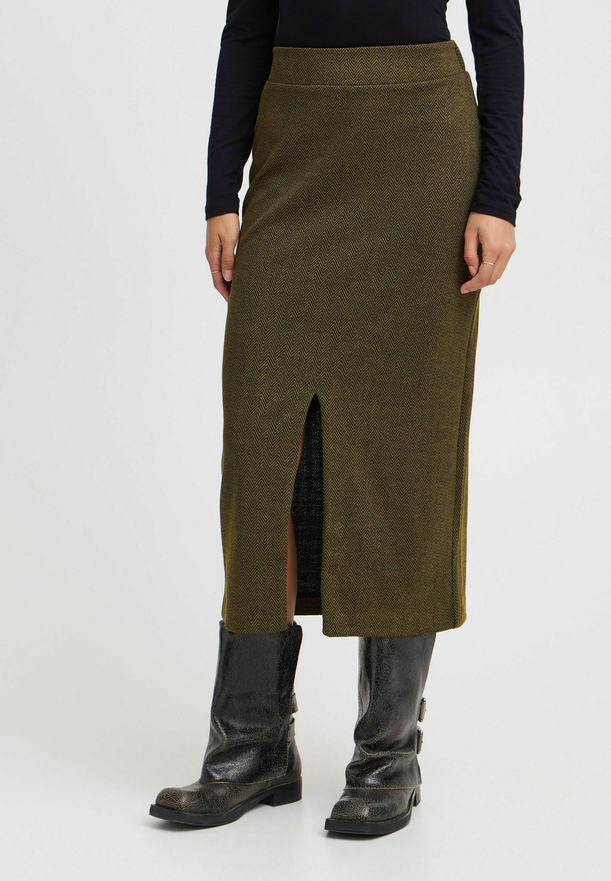 ICHI IHKATE JACQUARD LONG - Saia evasê - espinha de peixe em jacquard preto