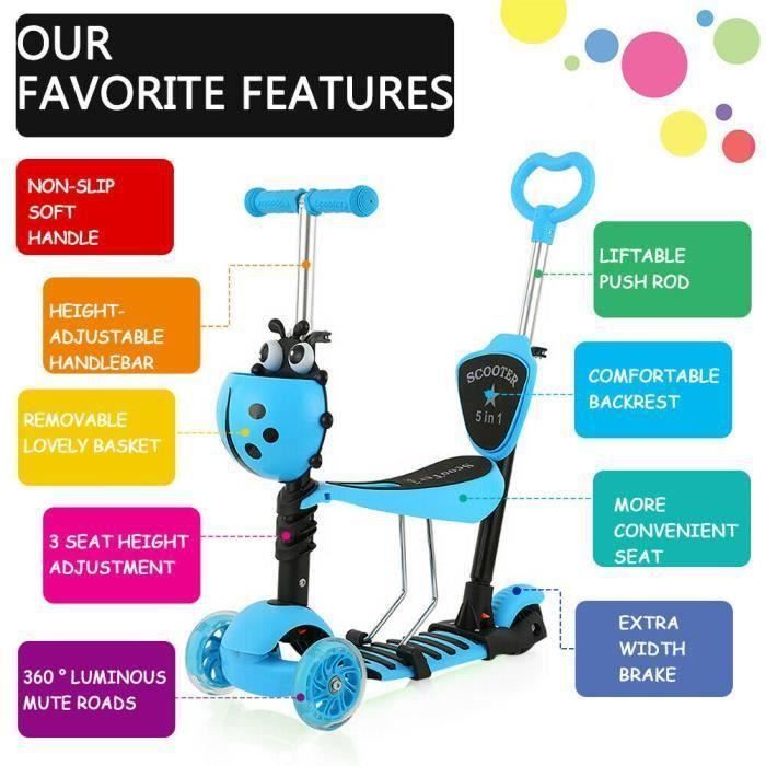Monopattino per bambini - YOLEO - 5 in 1 - Sedile rimovibile - Ruote a LED - Blu