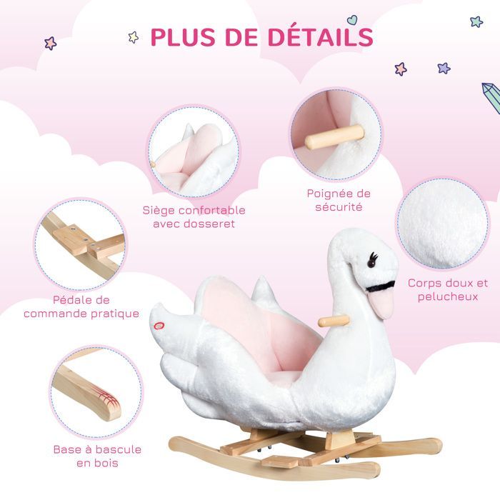 Rocking swan toy for children 18 months and older with musical function and wooden feet - white and pink