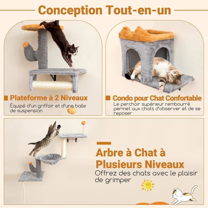 COSTWAY Wall-Mounted Cat Tree Set, 2-Tier Platform, 2 Cat Condos, Cat Bed with Headrest, Scratching Board