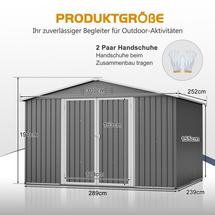 Metall-Gartenhaus XXXL mit Satteldach 300×252×191 cm – Wetterfestes Stahl-Gartenhaus, Grau