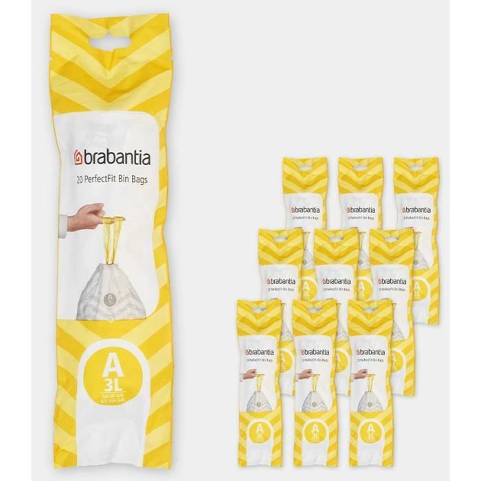 BRABANTIA 10 rollos de 20 bolsas de basura PerfectFit, Código A, 3L - Blanco