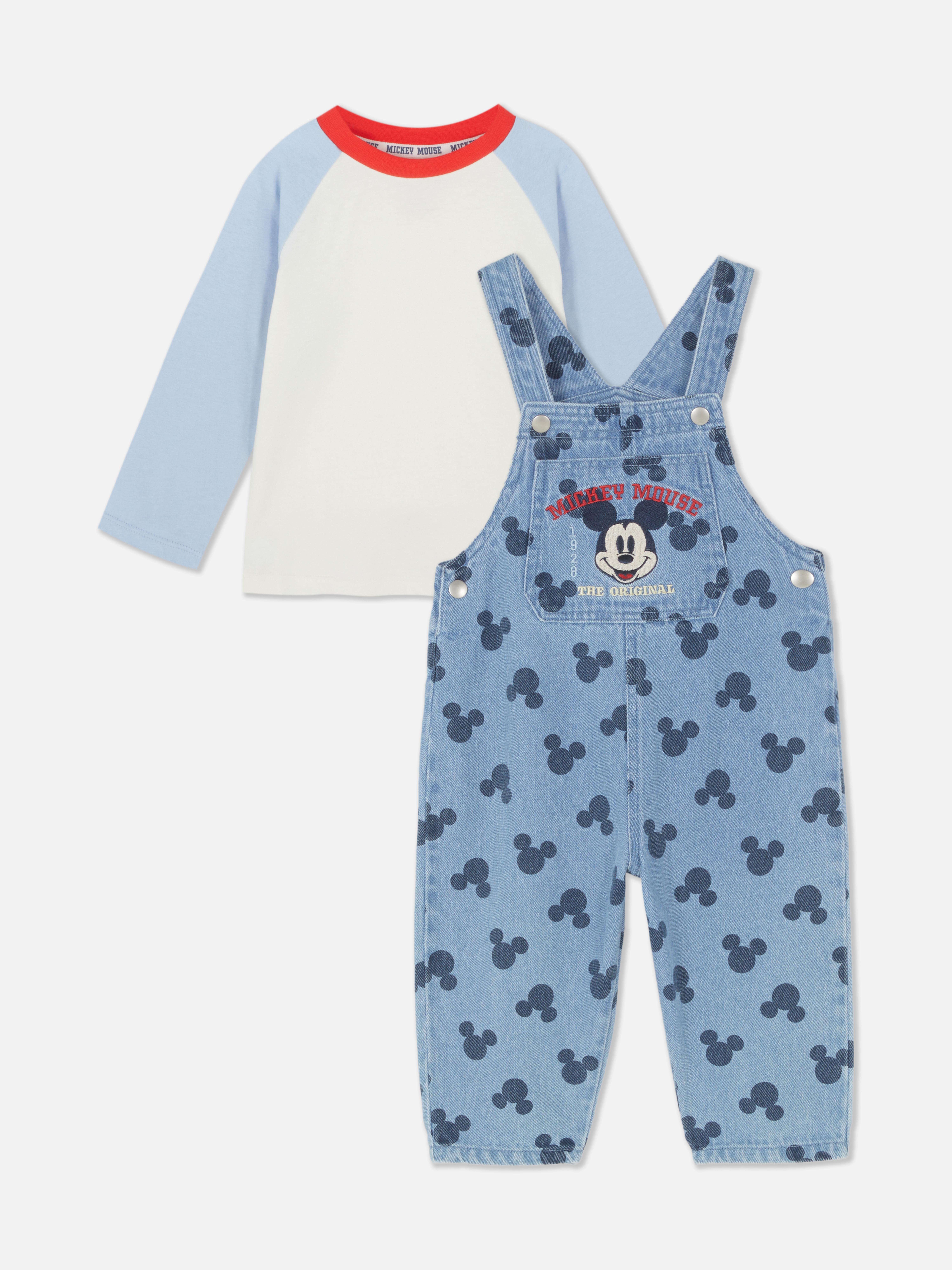 Set Disney Mickey Mouse cu tricou cu mânecă lungă și salopetă din denim