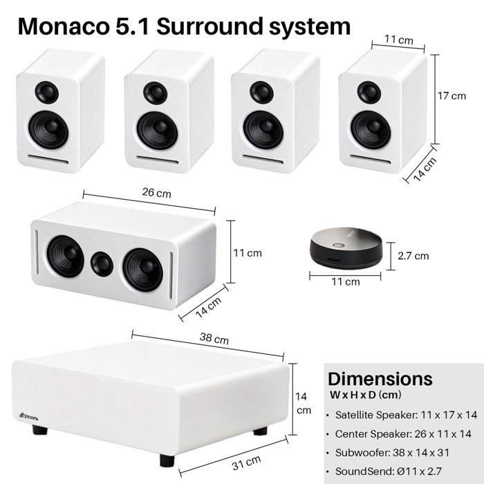 PLATIN Home Cinema System, 5.1 Stereo Surround Sound, Dolby Sound, App Control, WISA Certified, White