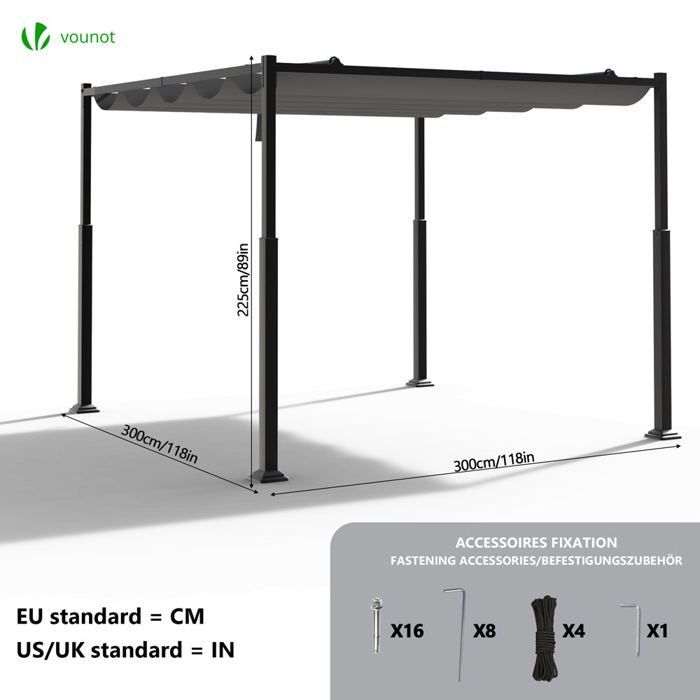 VOUNOT® Retractable Pergola 3x3m in metal and high-density 180 g/m² polyester fabric, grey
