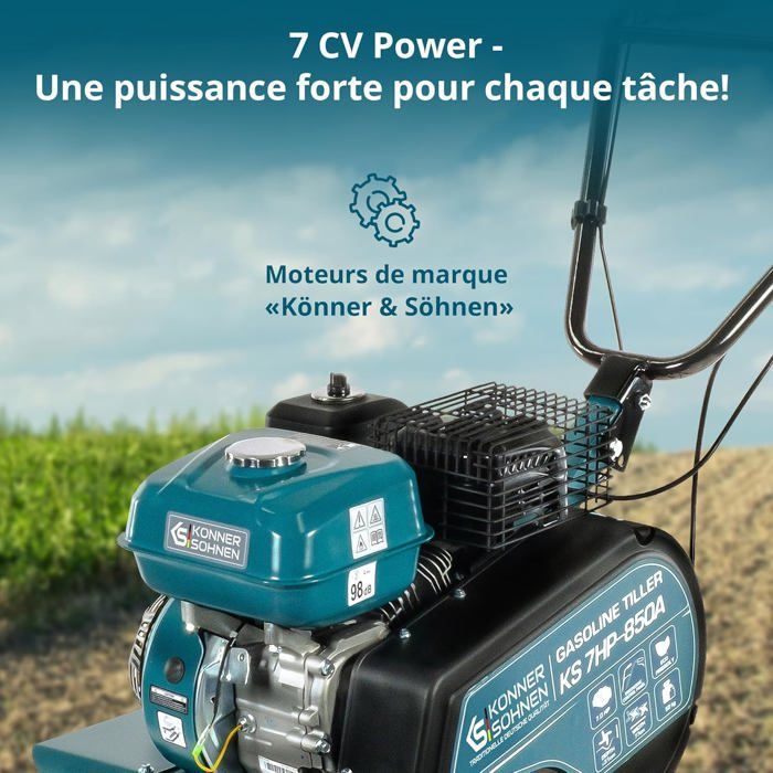 Motoculteur à essence KS 7HP-850A avec entraînement par courroie et chaîne, les fraises forgées, largeur de travail ≤ 80 cm