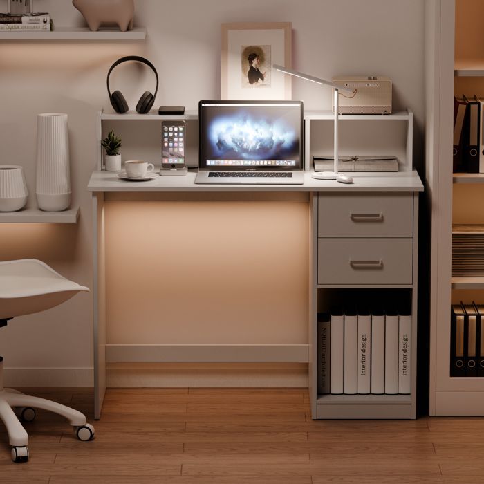 Mondeer Computertisch mit Ablagefächern und 2 Schubladen, 105 x 94 x 48 cm – Weiß