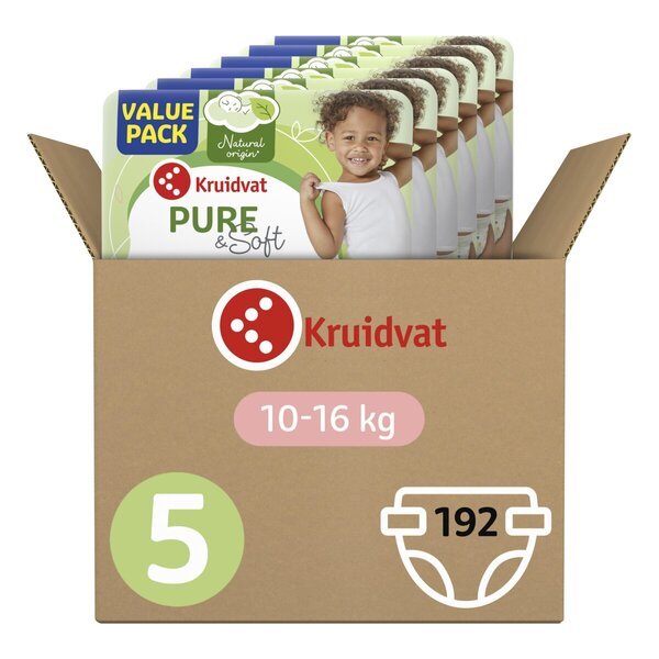 „Kruidvat Pure & Soft 5“ sauskelnės vaikams, didelės talpos dėžutė, 5 dydis (10–16 kg). 192 vnt.