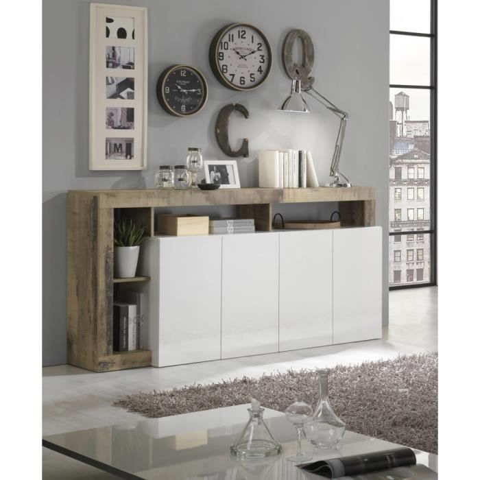 MAESTRO Dressoir - Spaanplaat - Vintage houtlook en witte lakafwerking - 4 deuren - B 184 x D 42 x H 93 cm