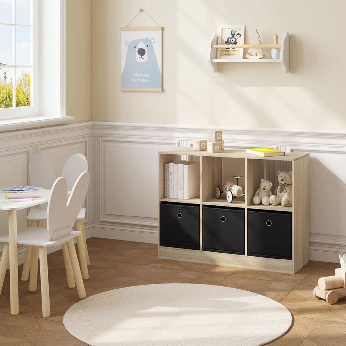 Librería WOLTU, mueble de almacenamiento, estante con 6 compartimentos, armario cúbico, 3 cajones de tela, 80x30x60cm, roble claro W0ATT0295