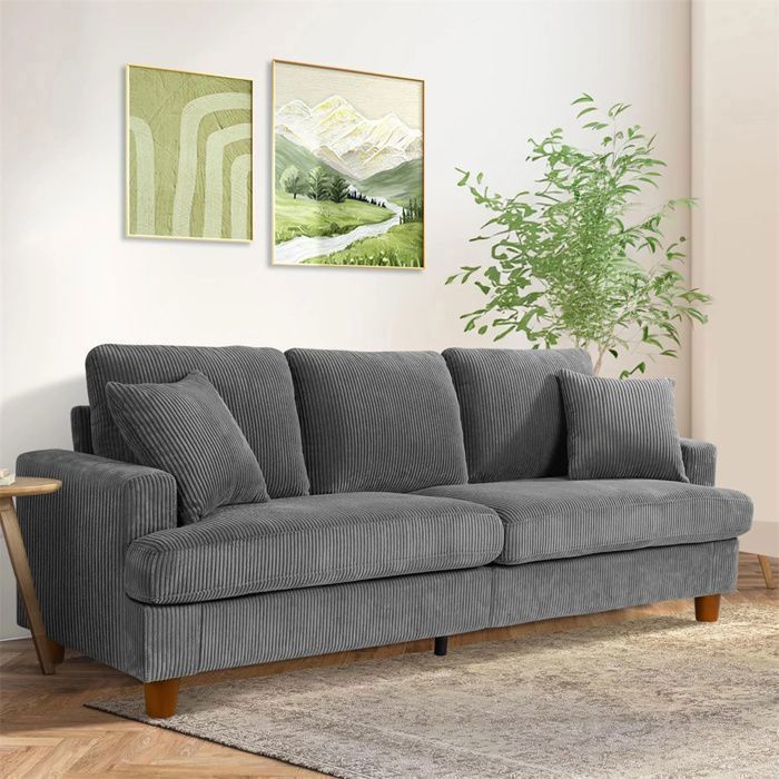 Large 3-Seater Sofa in Grey Corduroy, Scandinavian Style Sofa with 3 Cushions and 2 Pillows for the Living Room, 220×76×84cm