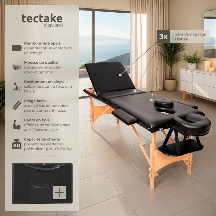 Table de massage - TECTAKE - Table de soin DANIEL 3 zones avec sac de transport 210 x 95 x 84 cm - Noir