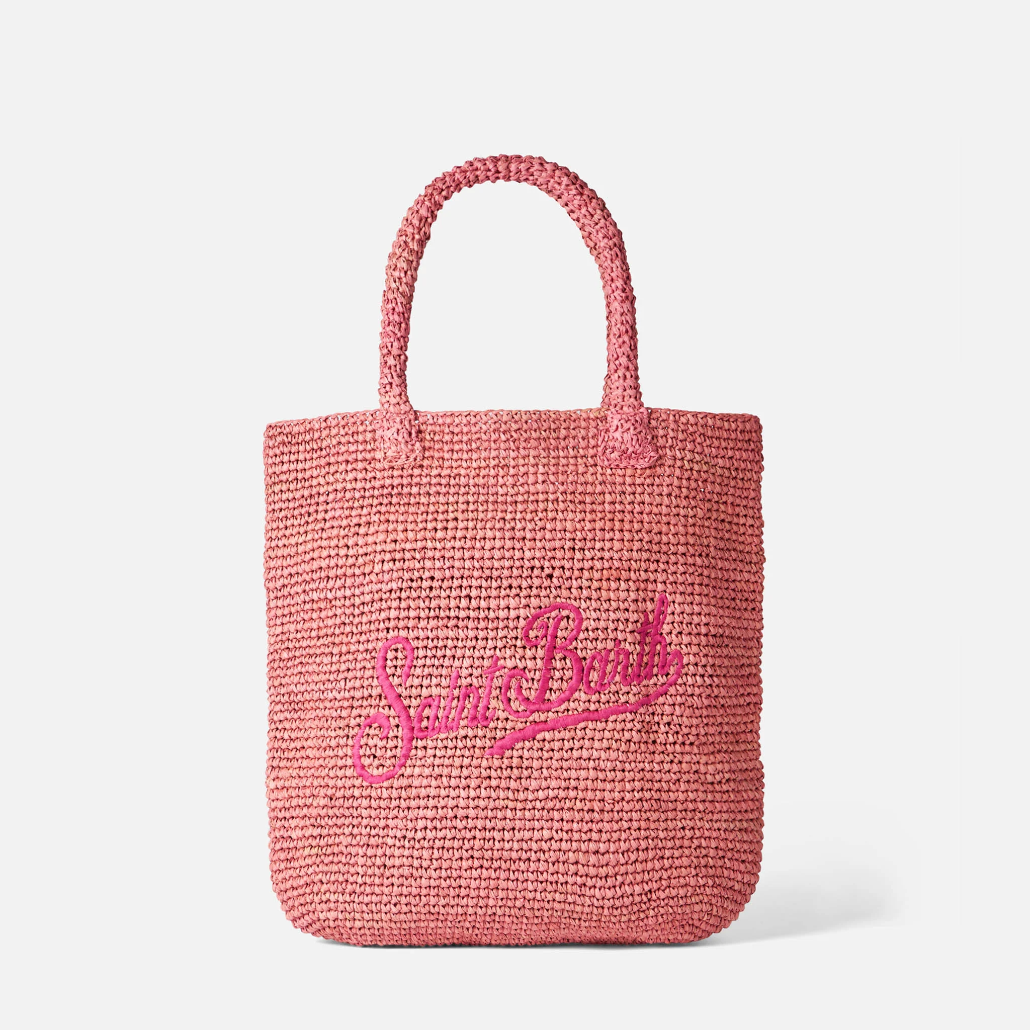 Roze raffia bucket bag met borduurwerk