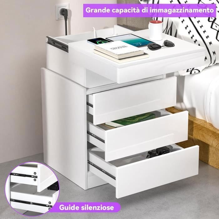 Bedside Table with USB Ports and Outlets - LDSZXNE - White - 3 Drawers - 16 Color LED Lights